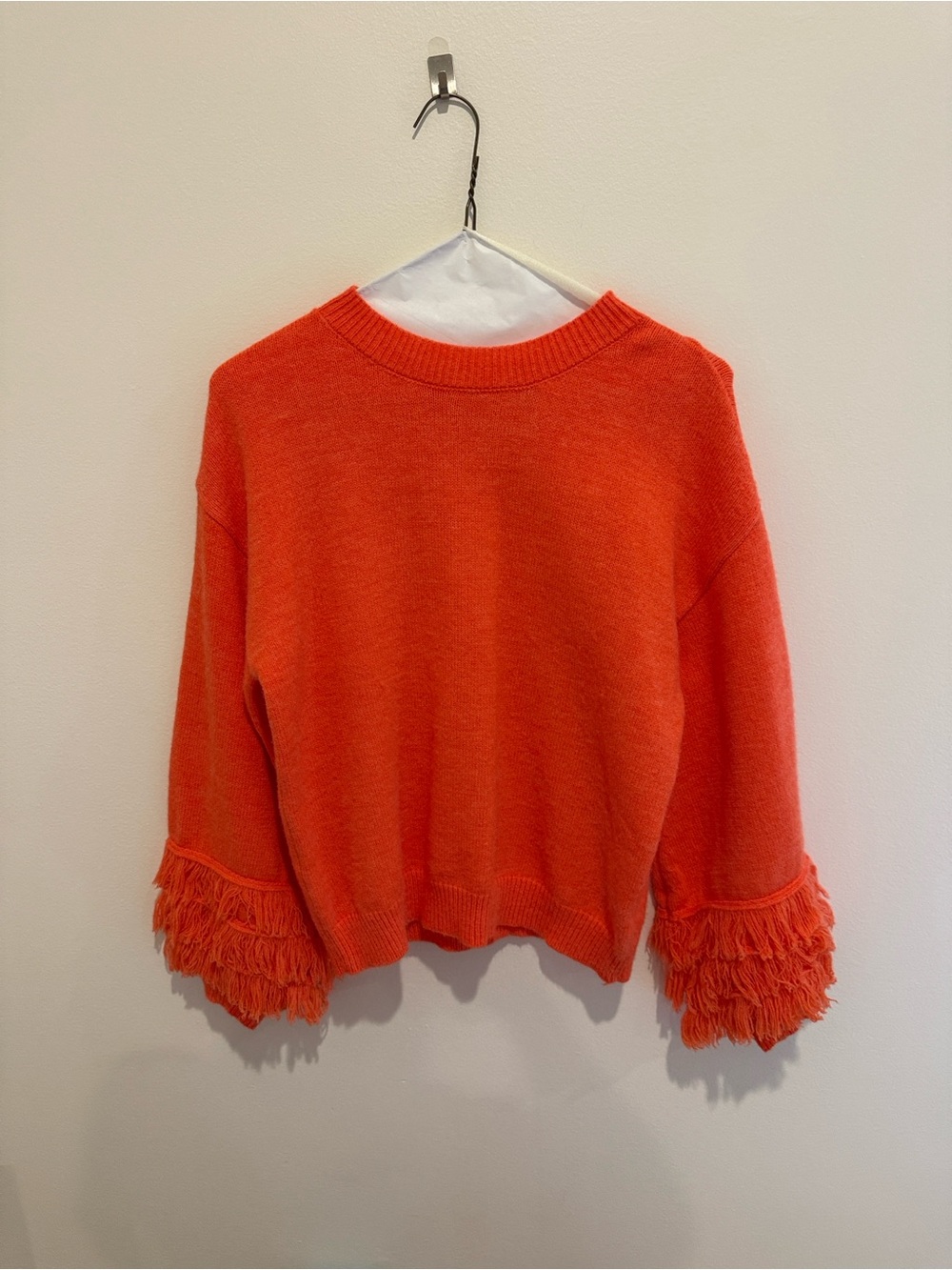 Fringe-Sleeve Crewneck Sweater in Vibrant Orange